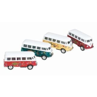 VW Microbus mit Druck (1962), Spritzguss, 1:64, L= 6,5 cm, Rückzugmotor, 4fach sortiert, 12er Display