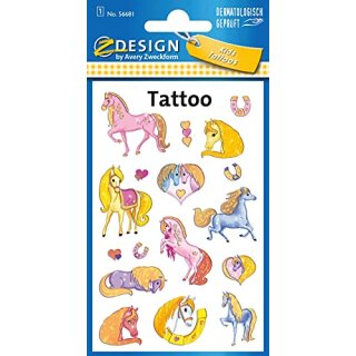 Kids Tattoos, Pferde Barbie Style, bunt, beglimmert, 10 Stück