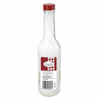 350 ml Gradhalsflasche mit aufgeschraubtem Verschluss 28 mm rot, Schmucketikett-hochkant "Einkochwelt" und EAN-Auszeichnung.