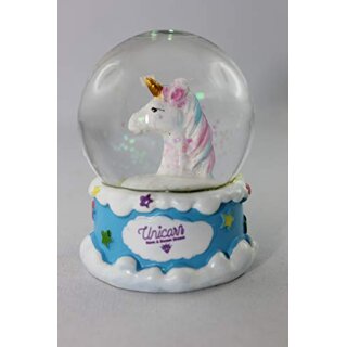 Glitterkugel, Einhornkopf, auf Sockel, Unicorn, mit Wolkendekor, ca. 6 x 4,5 cm, aus Polyresin, 2-farbig sortiert, 12 Stück im Display