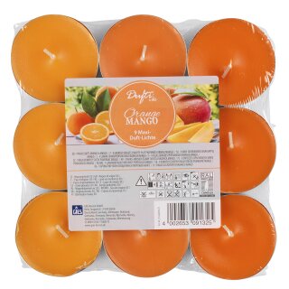 AAO Maxi-Duftlichte, in Metallhülsen, 3 abgestufte Farbtöne, 9er-Flatpack Orange-Mango (gelb-orange-dunkelorange)