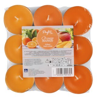 Maxi-Duftlichte, in Metallhülsen, 3 abgestufte Farbtöne, 9er-Flatpack Orange-Mango (gelb-orange-dunkelorange)