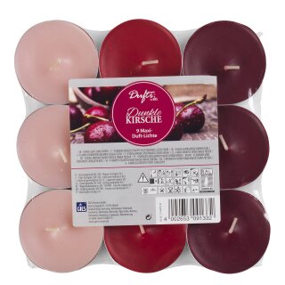 AAO Maxi-Duftlichte, in Metallhülsen, 3 abgestufte Farbtöne, 9er-Flatpack Dunkle Kirsche (rosa-rot-dunkelrot)