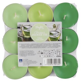 AAO Maxi-Duftlichte, in Metallhülsen, 3 abgestufte Farbtöne, 9er-Flatpack Grüner Ingwertee (hellgrün-grün-grasgrün)