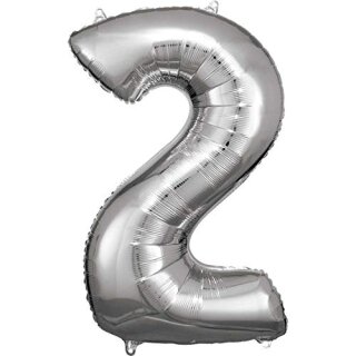 Large Number 2 Silber Folienballon (Heliumpreis 7,00 €) 92 cm x 57 c