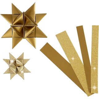 Papierstreifen für Fröbelsterne, Gold, L 44+78 cm, D 6,5+11,5 cm, B 15+25 mm, Glitter,Lack, 40 Streifen/ 1 Pck