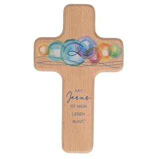 Kinderkreuz 18 cm natur Mit Jesus ist mein Leben bunt