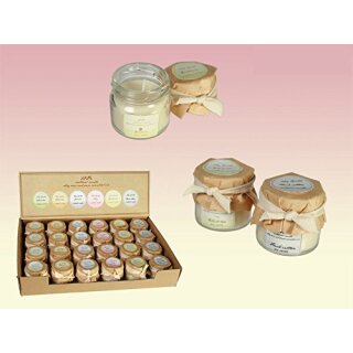Weiße Duftkerze mit Naturwachs (White Tea, Vanilla, Lily, Jasmine, Gardenia, French Cotton sortiert) im Glas, ca. 4,5 x 4 cm, 24 Stück im Display