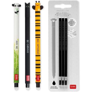 LEGAMI Set mit 3 radierbaren Gelstiften + 3 schwarzen Nachfüllminen, mit thermoempfindlicher Löschtinte, verschiedene Tintenfarben und Schaftdesigns, 0,7 mm Spitze, Panda, Katze und Bienen-Design