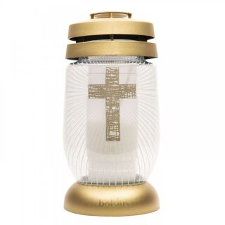 Laterne aus Glas Motiv Kreuz – 22,5x11 cm (HxB) – Wind- und wassergeschützt – Brenndauer 36h – Grabdekoration