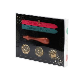 Edles Wachssiegel Set - Herz 3 Siegel/2 Wachsstreifen, coral/türkis