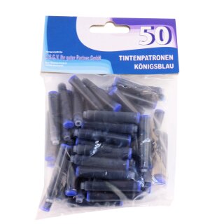 50 Königsblaue Tintenpatronen – Löschbare & Auswaschbare Universaltinte für Füllhalter – Standardgröße