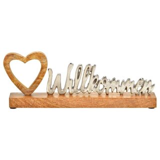 Aufsteller "Willkommen" Herz Dekor auf Sockel aus Metall/Mangoholz, Braun/Silber (B/H/T) 35x12x5cm
