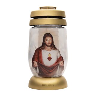 Bolsius Grablicht Laterne 3S Jesus Göttliche Barmherzigkeit | 36 Stunden Brenndauer | Wetterfestes Glas mit Gold-Deckel | Inkl. Paraffin-Einsatz | 22,5 x 11 cm